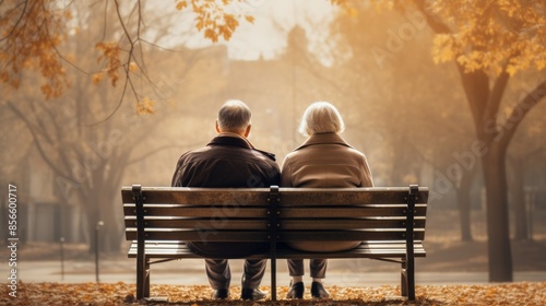 elderly couple sitting hand-in-hand on a park bench, their faces etched with the lines of a life well-lived.