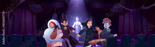 Children running from ghost man on theatre stage vector illustration. Spotlight on spooky dead character near curtain. Scary monster performance and haunted kids. Horror creepy scene for carnival