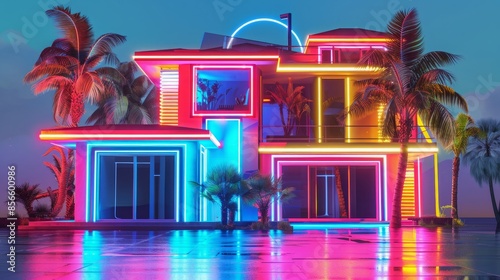 Triple-story house facade with neon lights photo