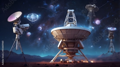 spaceship and space,gathering A collection of radio telescopes in the night, accompanied by a holographic headshot that serves as a large banner promoting space exploration and research photo
