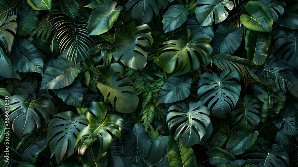 Vibrant green background with a 3D mural of dense tropical foliage, lush leaves in intricate detail, raw style, striking and vivid Vibrant green background with a 3D mural of dense tropical foliage, lush leaves in intricate detail, raw style, striking and vivid