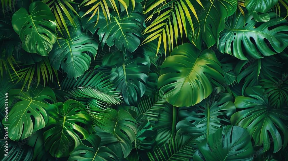 Vibrant green background with a 3D mural of dense tropical foliage, lush leaves in intricate detail, raw style, striking and vivid Vibrant green background with a 3D mural of dense tropical foliage, lush leaves in intricate detail, raw style, striking and vivid