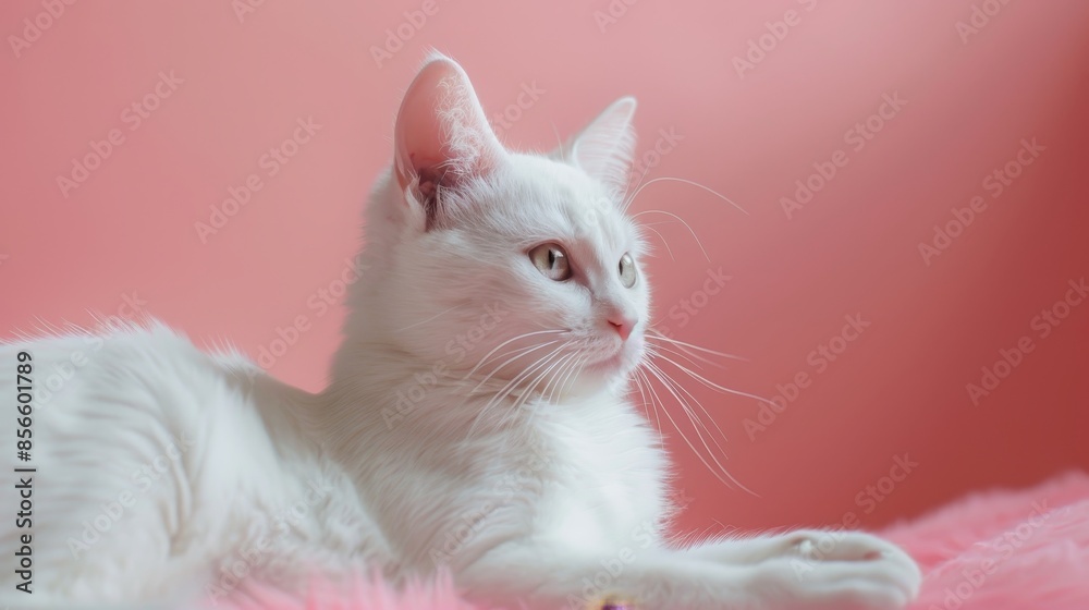 White cat with a pink background, lying down with a relaxed expression, raw style, delicate fur details, endearing and cozy White cat with a pink background, lying down with a relaxed expression, raw style, delicate fur details, endearing and cozy