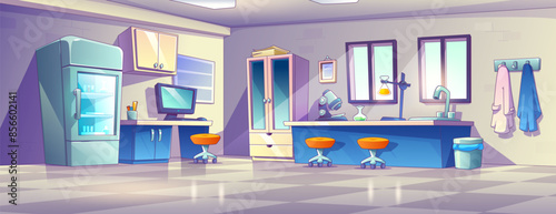 Science laboratory interior with chemical equipment and tools. Cartoon vector lab with microscope and chemistries in glass beaks on working desk, refrigerator and cupboard, computer and chairs.