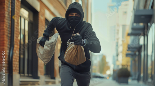 A masked thief clad in black swiftly escapes the scene, clutching a bag of stolen goods