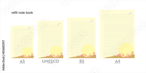 A5, A4, B5 size notebook design with a beach recreation background. vector a set