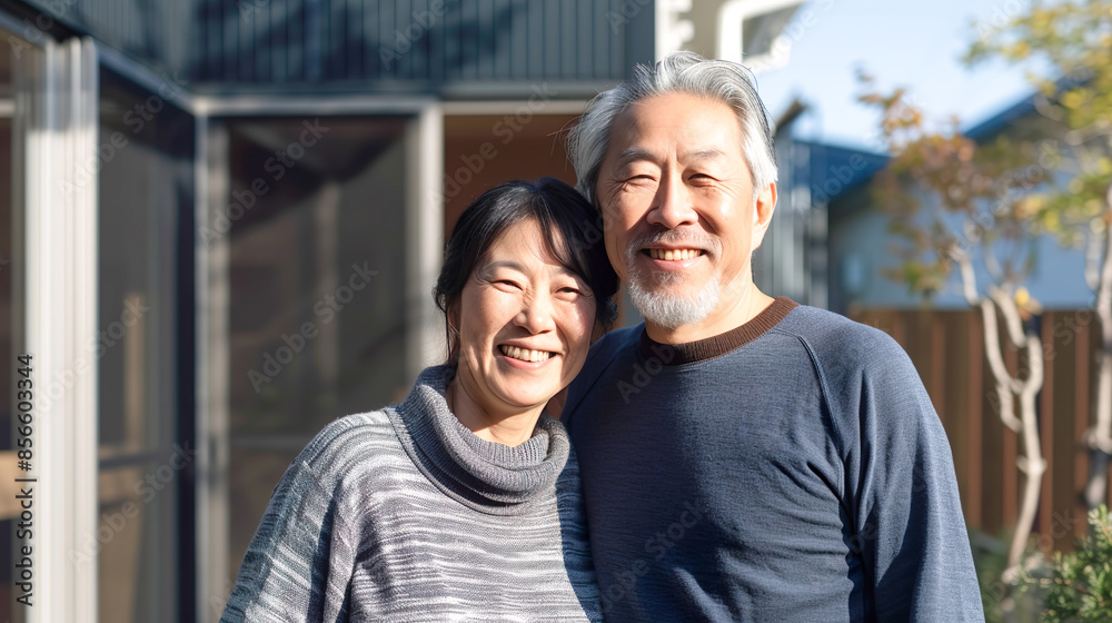 自宅の前で仲良く笑顔で並ぶ夫婦 自宅の前で仲良く笑顔で並ぶ夫婦