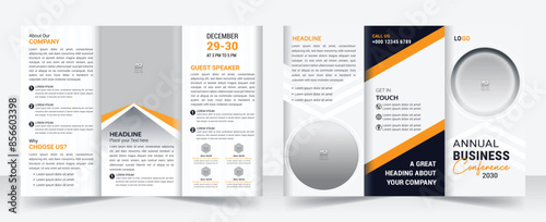 Business development conference trifold brochure template design, Business trifold Brochure, Tri fold brochure design. A4 abstract business trifold brochure template design