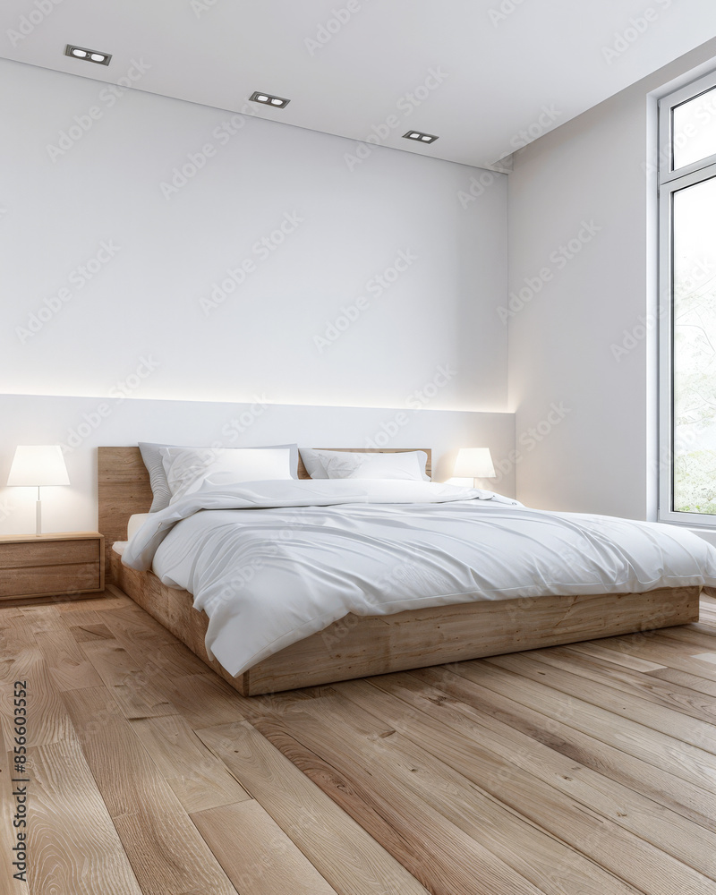 Obraz premium Minimalist bedroom in a luxury apartment bathed with natural lighting coming from a window, with no furniture and copy space. Residential Real Estate concept image.
