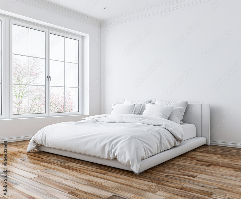 Minimalist bedroom in a luxury apartment bathed with natural lighting coming from a window, with no furniture and copy space. Residential Real Estate concept image. Minimalist bedroom in a luxury apartment bathed with natural lighting coming from a window, with no furniture and copy space. Residential Real Estate concept image.