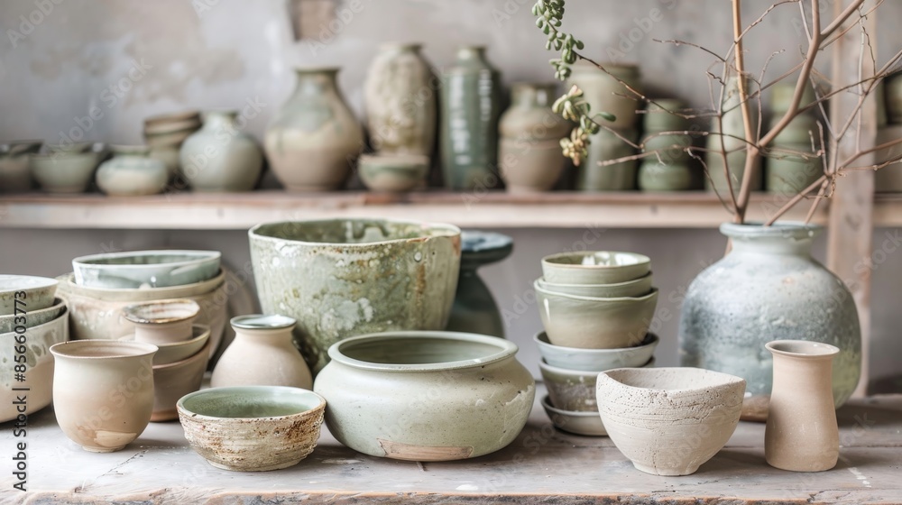 Handcrafted pottery pieces in minimalism style, earthy and green pastel tones, unique textures, raw and imperfect beauty Handcrafted pottery pieces in minimalism style, earthy and green pastel tones, unique textures, raw and imperfect beauty