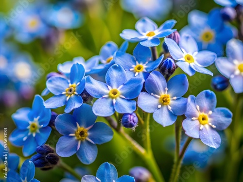 Delicate Blue Flowers With Yellow Centers In A Close-Up View, Surrounded By Green Foliage.