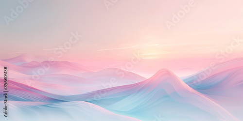 Abstract landscape with soft pastel hues of pink and blue, depicting gentle waves and hills under a tranquil sunrise