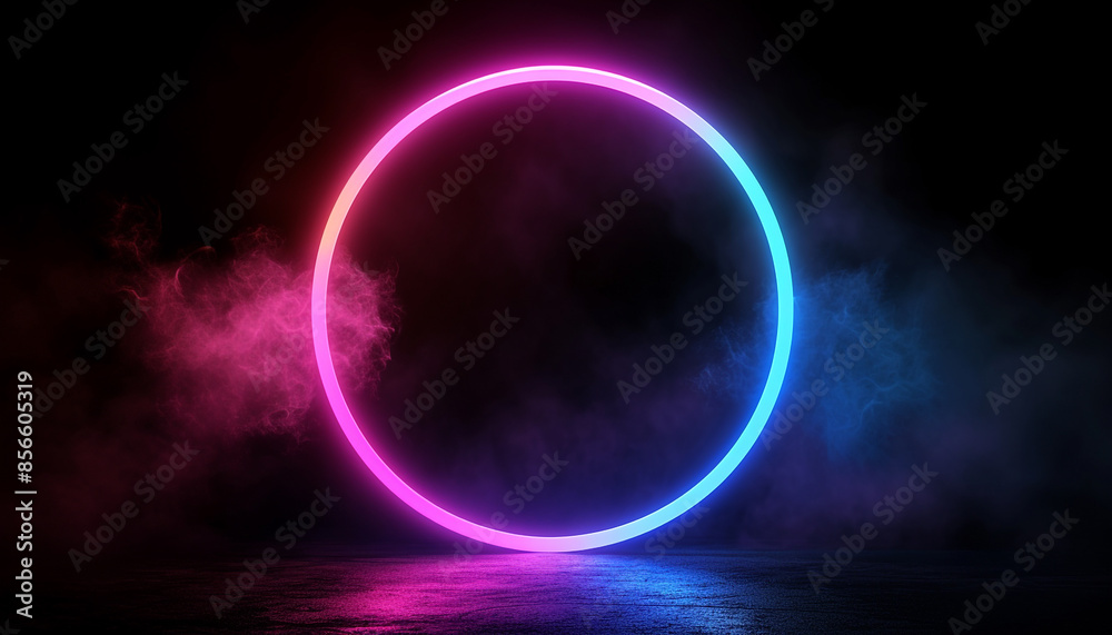 Neon light circle frame glowing in clouds Neon light circle frame glowing in clouds