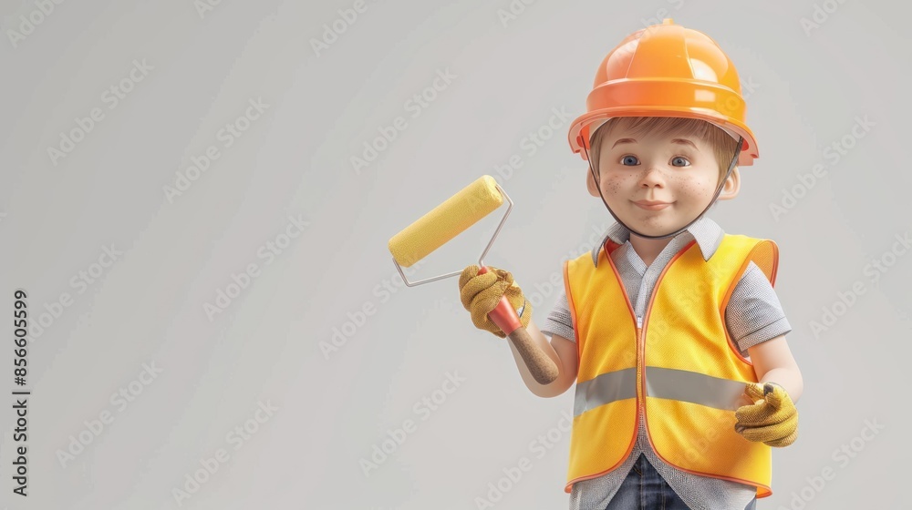 An elementary school boy In the set of construction engineers and careers holding paint roller An elementary school boy In the set of construction engineers and careers holding paint roller