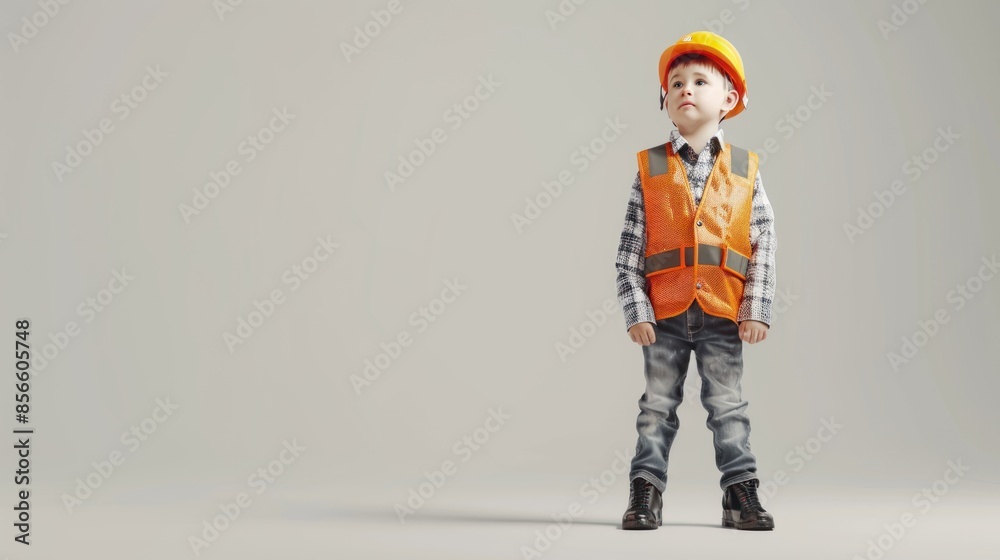 A child in a construction engineer's uniform stood and smiled cheerfully. A child in a construction engineer's uniform stood and smiled cheerfully.