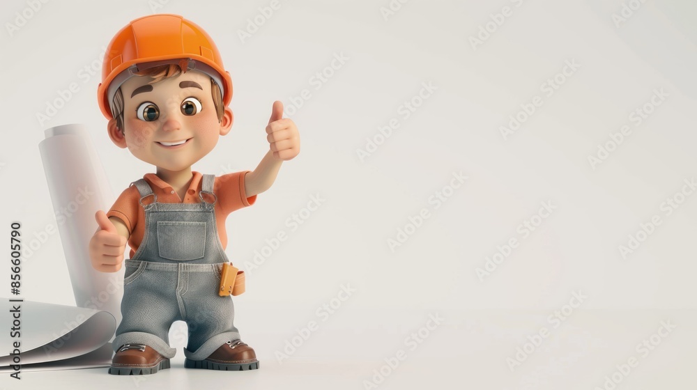 A boy in a construction engineer's uniform stuck out his thumb. A boy in a construction engineer's uniform stuck out his thumb.