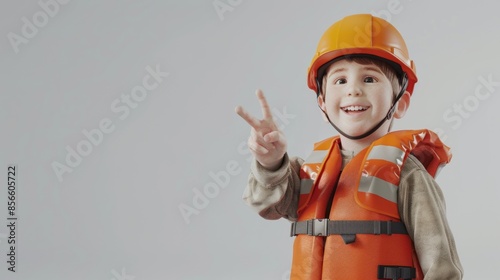 A boy in a construction engineer's uniform stuck out his thumb.