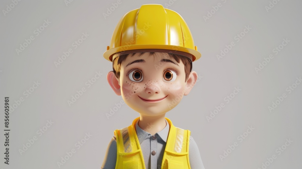 A boy in primary school smiles in an engineer's hat. A boy in primary school smiles in an engineer's hat.