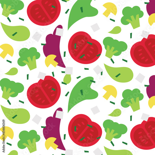 Seamless vector flat vegetable pattern with tomatoes, broccoli, lettuce leaves, mushrooms, slices, feta cheese, salt, spices. Healthy food tasty illustration