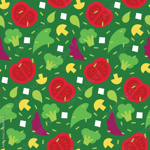 Seamless vector flat vegetable pattern with tomatoes, broccoli, lettuce leaves, mushrooms, slices, feta cheese, salt, spices. Healthy food tasty illustration