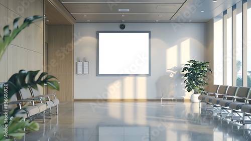 a mockup of an empty white poster on the wall in a modern hospital waiting room, with comfortable chairs and advanced medical equipment, showcasing a clean and welcoming healthcare environment