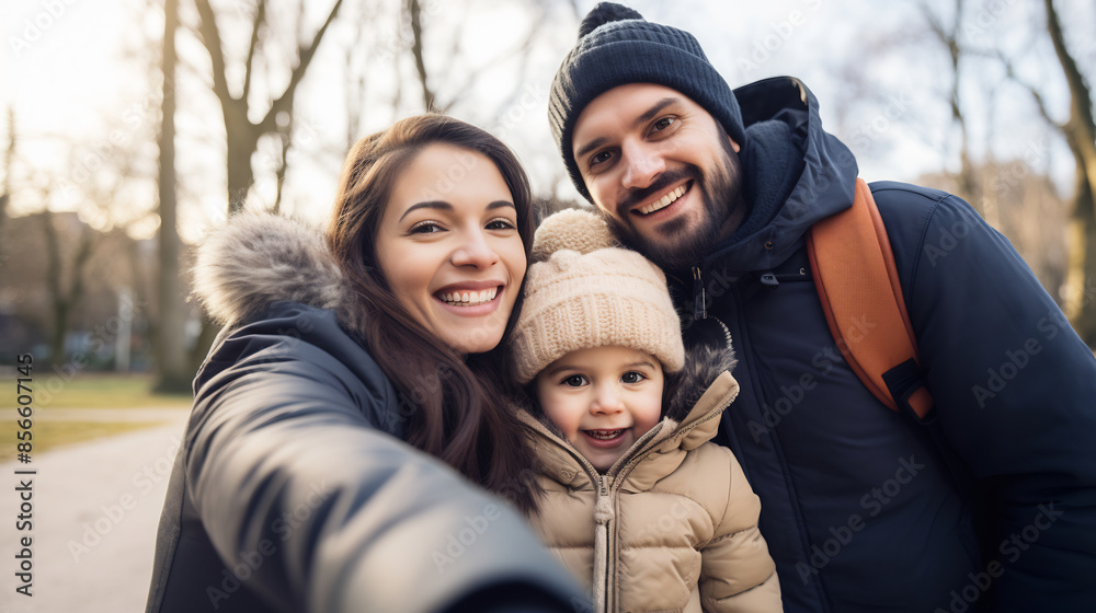 Smiling family taking a selfie outdoors in winter attire, capturing a joyful moment together in a park with bare trees in the background Smiling family taking a selfie outdoors in winter attire, capturing a joyful moment together in a park with bare trees in the background