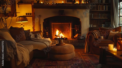 A living room with a fireplace and candles. © VISUAL BACKGROUND
