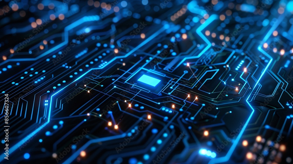 An abstract digital background featuring a glowing blue circuit board, with intricate lines and connections radiating a futuristic vibe. The design symbolizes technology and innovation, with ample An abstract digital background featuring a glowing blue circuit board, with intricate lines and connections radiating a futuristic vibe. The design symbolizes technology and innovation, with ample