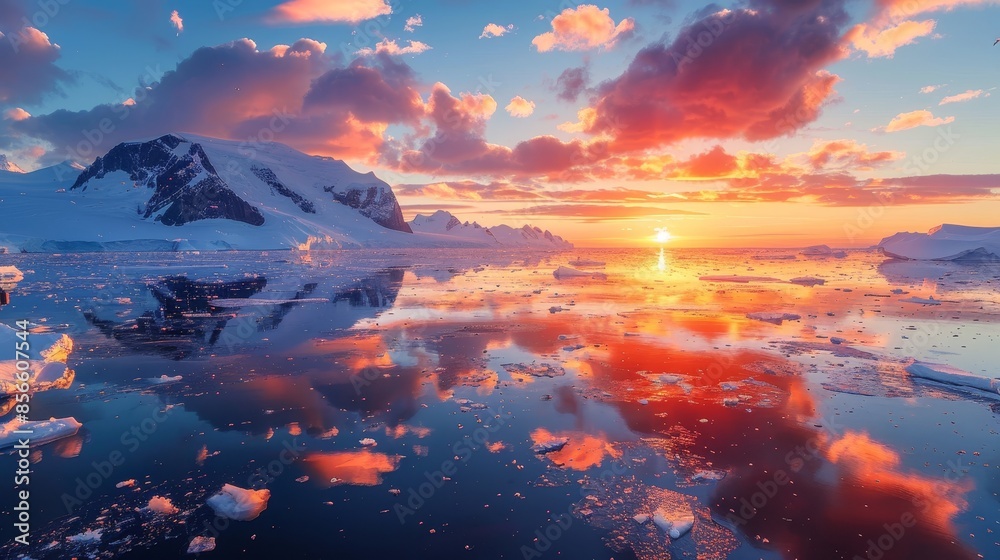 Fototapeta premium Expansive Antarctic view with simultaneous sunset and sunrise, mirror-like reflections on ice, midnight sun's glow, raw style