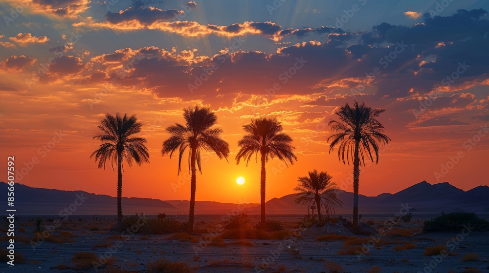 Expansive panorama of a desert sunset, silhouetted palm trees, breathtaking desert beauty, raw and natural style Expansive panorama of a desert sunset, silhouetted palm trees, breathtaking desert beauty, raw and natural style