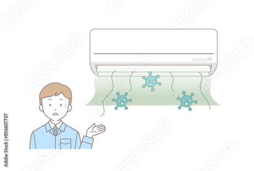 カビが排気口から出てくるエアコンと困った作業員男性