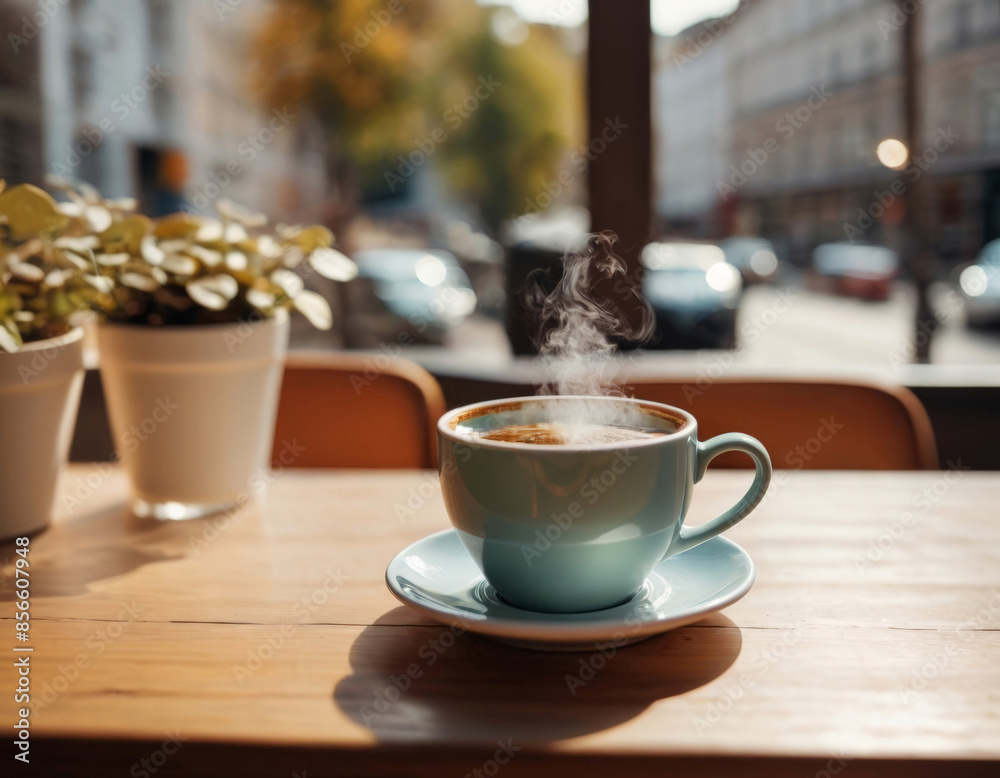 Fototapeta premium A cup of hot coffee on the table against the background of a cozy European street