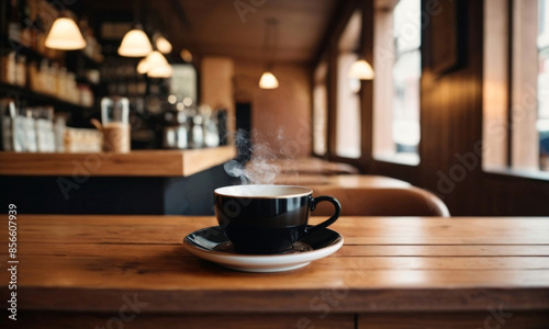 A cup of hot coffee on the table against the background of a cozy European cafe ©  Photinia Art