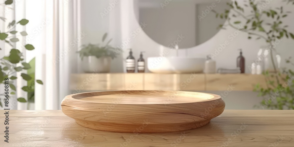 Wooden Tray on a Wooden Table in a Bathroom Wooden Tray on a Wooden Table in a Bathroom