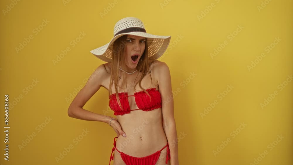 Woman, caucasian, in bikini and summer hat, with a skeptical expression, looking surprised and sarcastic, open mouth over isolated yellow background Woman, caucasian, in bikini and summer hat, with a skeptical expression, looking surprised and sarcastic, open mouth over isolated yellow background