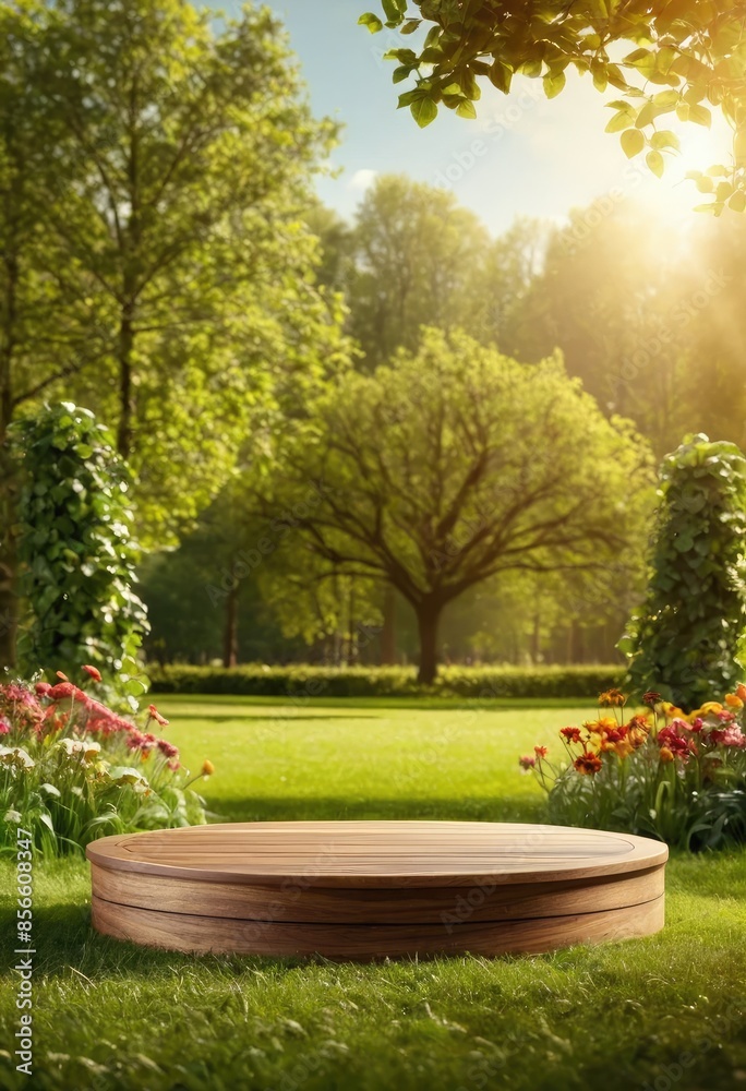 Wooden product podium in a Sunny Spring Park Wooden product podium in a Sunny Spring Park