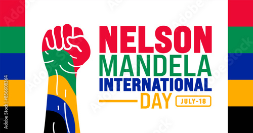 18 July is Nelson Mandela International Day strong hand rising background template. Use to banner, placard, card, and poster design template with text inscription and standard color. vector photo