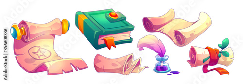 Old magic book with parchment pages and scroll, inkwell and feather. Cartoon vector game icon set of medieval papyrus letter and literature. antique wizard or royal manuscript. ancient library element