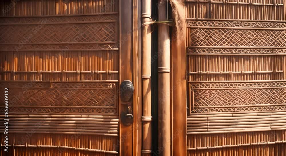 Traditional woven bamboo pattern door with morning sunlight