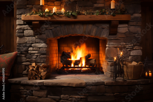 Cozy stone fireplace with a roaring fire, surrounded by candles and wood, creating a warm and inviting atmosphere in a rustic living room © AspctStyle