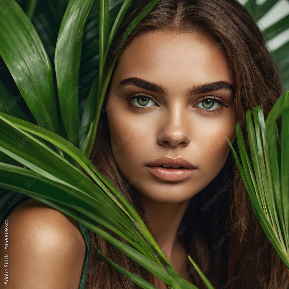 Naklejka premium Close up portrait of a woman in foliage nature 