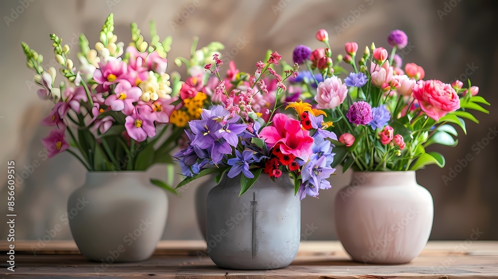 Close-up shot of vases brimming with a variety of colorful flowers, placed on a polished wooden table Close-up shot of vases brimming with a variety of colorful flowers, placed on a polished wooden table