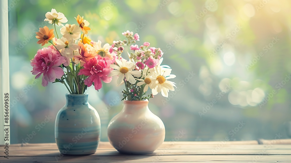 Close-up shot of vases brimming with a variety of colorful flowers, placed on a polished wooden table Close-up shot of vases brimming with a variety of colorful flowers, placed on a polished wooden table