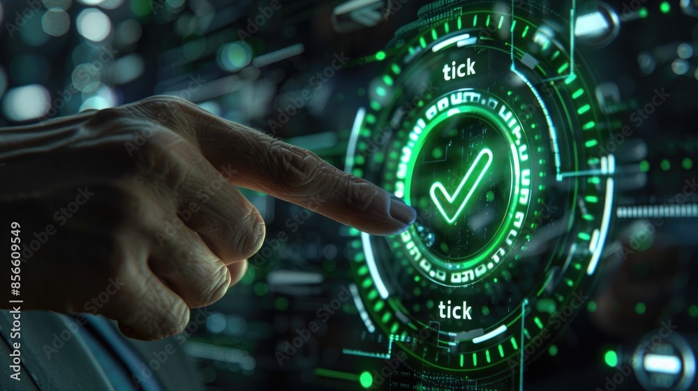 Obraz premium Businessman Pointing to Compliance Tick Hologram