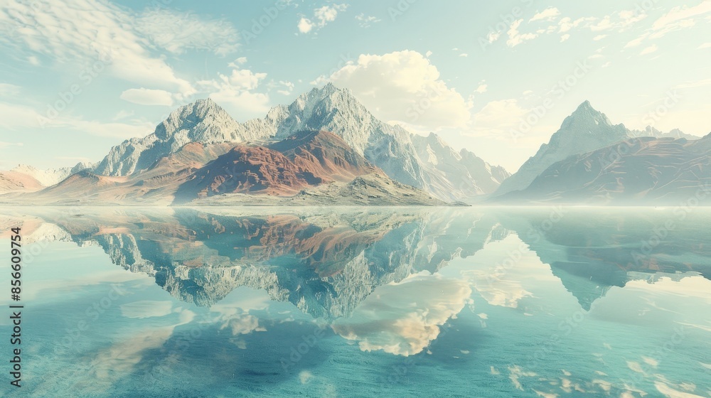 Naklejka premium Mountains beside the sea, futuristic design with a perfect mirror effect, capturing the beautiful reflection, raw texture