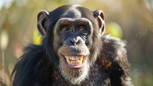 Portrait of a cheerful adult chimpanzee showcasing biodiversity and wildlife conservation
