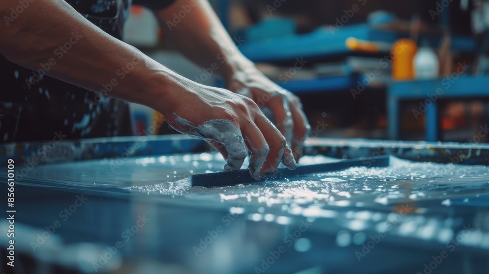 Obraz premium A worker cleaning a screen printing frame with water and a squeegee
