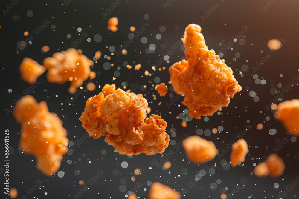 Fried popcorn chicken pieces falling in mid-air Fried popcorn chicken pieces falling in mid-air
