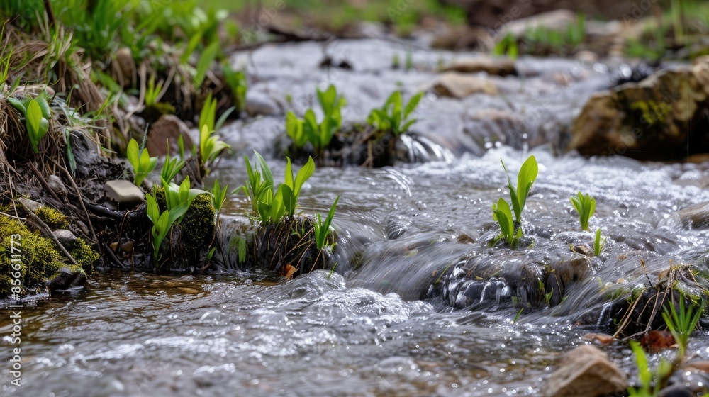 Beautiful spring detailed close up stream of fresh water with young green plants Beautiful spring detailed close up stream of fresh water with young green plants